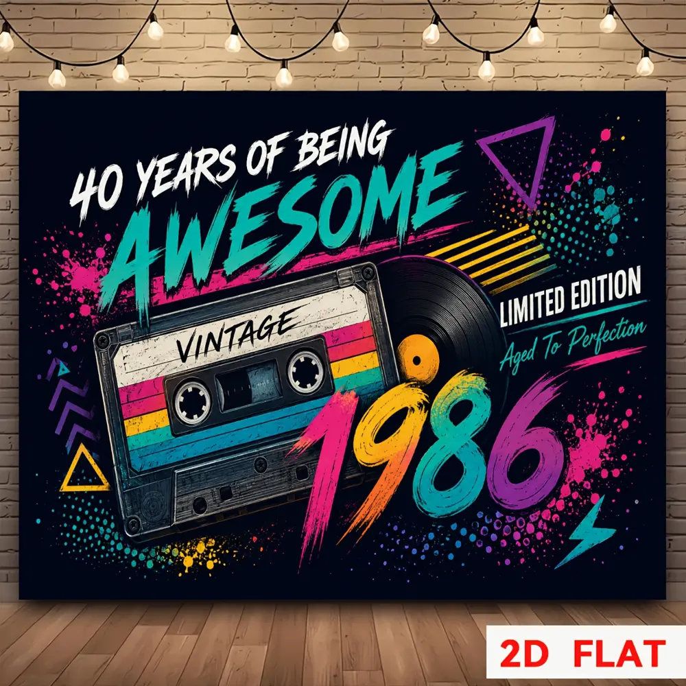 1986 Retro 40th Anniversary Themed 2D Flat Banner, HD Digitally Printed Polyester Photographic Backdrop, Soft Lightweight Foldable Cloth for Party, Portrait Photos, 40 Years, Photographic Images