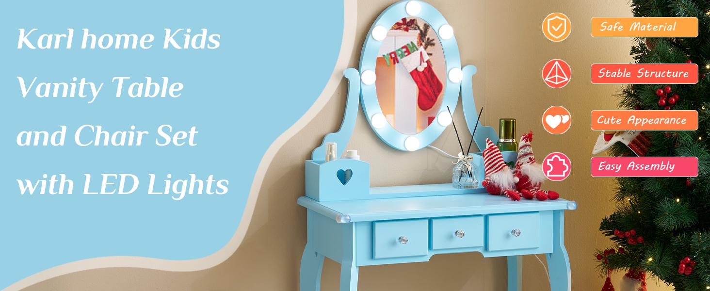 Karlhome Kids Vanity Table and Chair Set, Princess MDF Dressing Table with 3-Color LED Lighted Mirror and 3 Drawers, Lovely Waved Design for Toddler's Bedroom and Playroom Decor, Macaroon