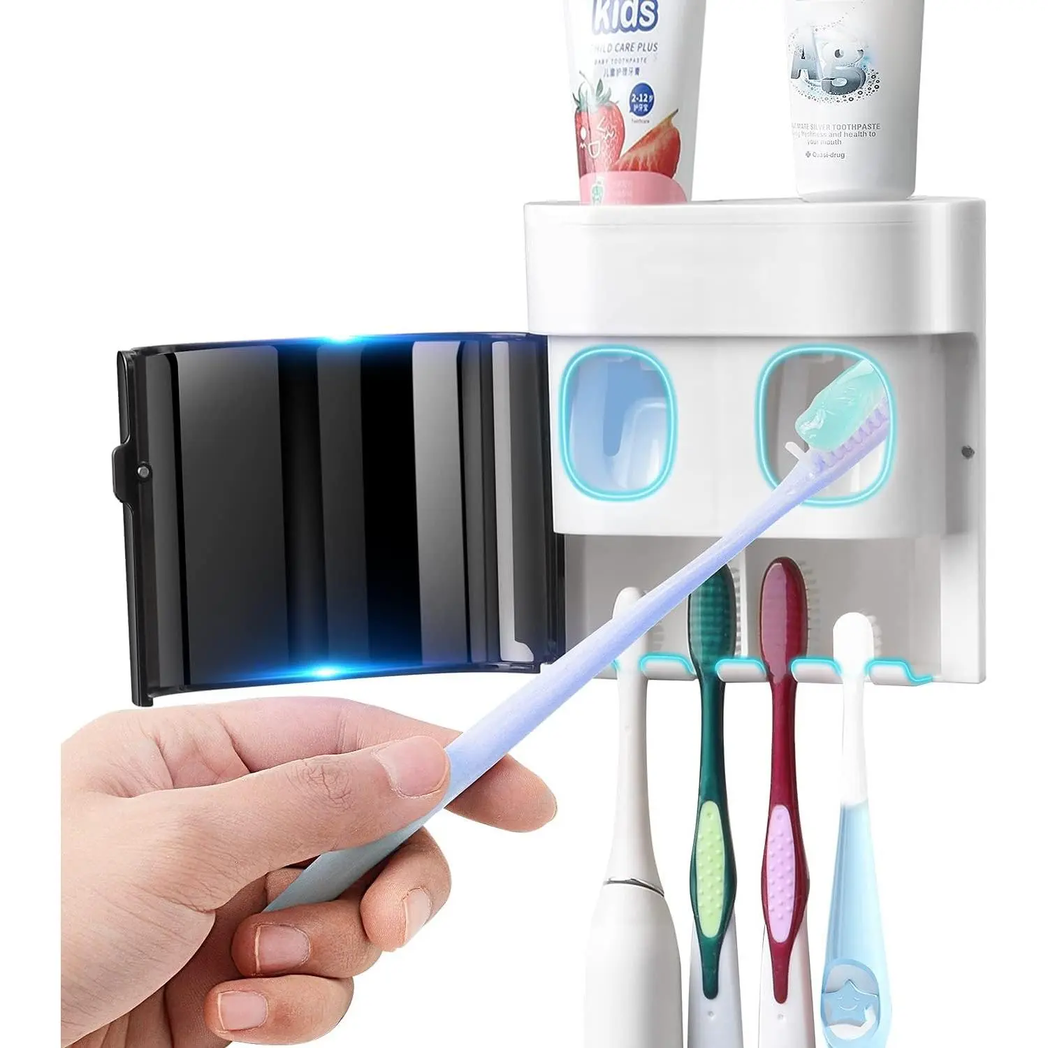 GFWARE Magnetic Ceramic & Metal Wall-Mounted Toothbrush Holder with Cover, 4-Slot Organizer & Automatic Toothpaste Dispenser for Kids’ Bathroom Use, Black