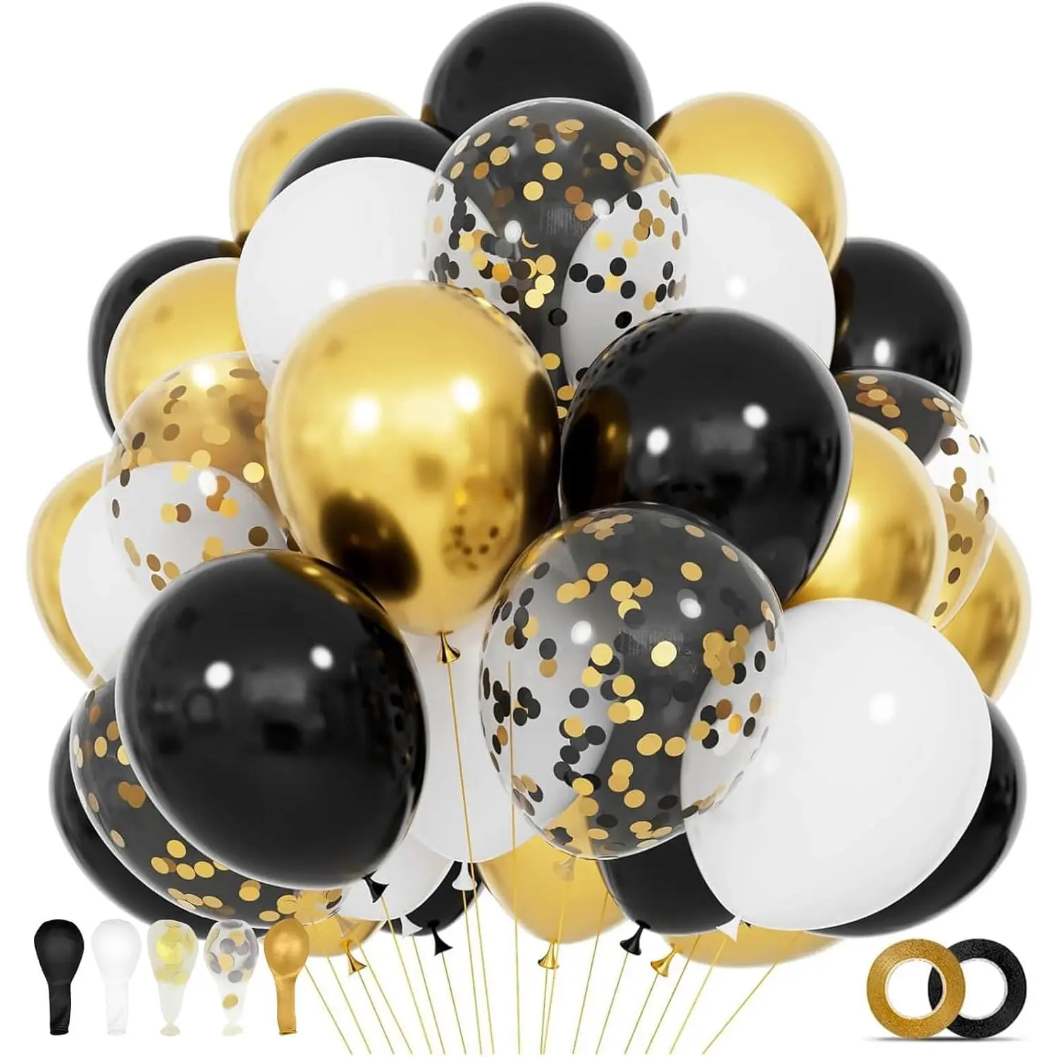 68Pcs Black White Gold Balloons with 12 Inch Black Gold Confetti Balloons for Graduation Birthday Wedding Party Decorations