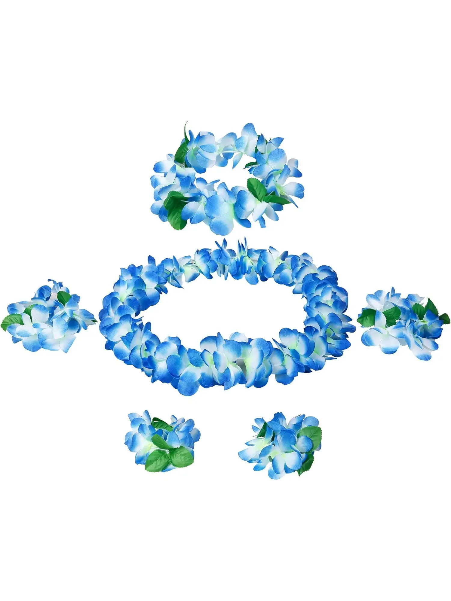 6 Pcs Blue Lace Hawaiian Leis Flower Garland Set for Women Blue Plumeria Floral Necklaces Headbands Bracelets Anklets Elastic Durable Fabric Adjustable Artificial Flower Leis for Luau Party Tropical Beach Wedding Birthday Costume Accessories