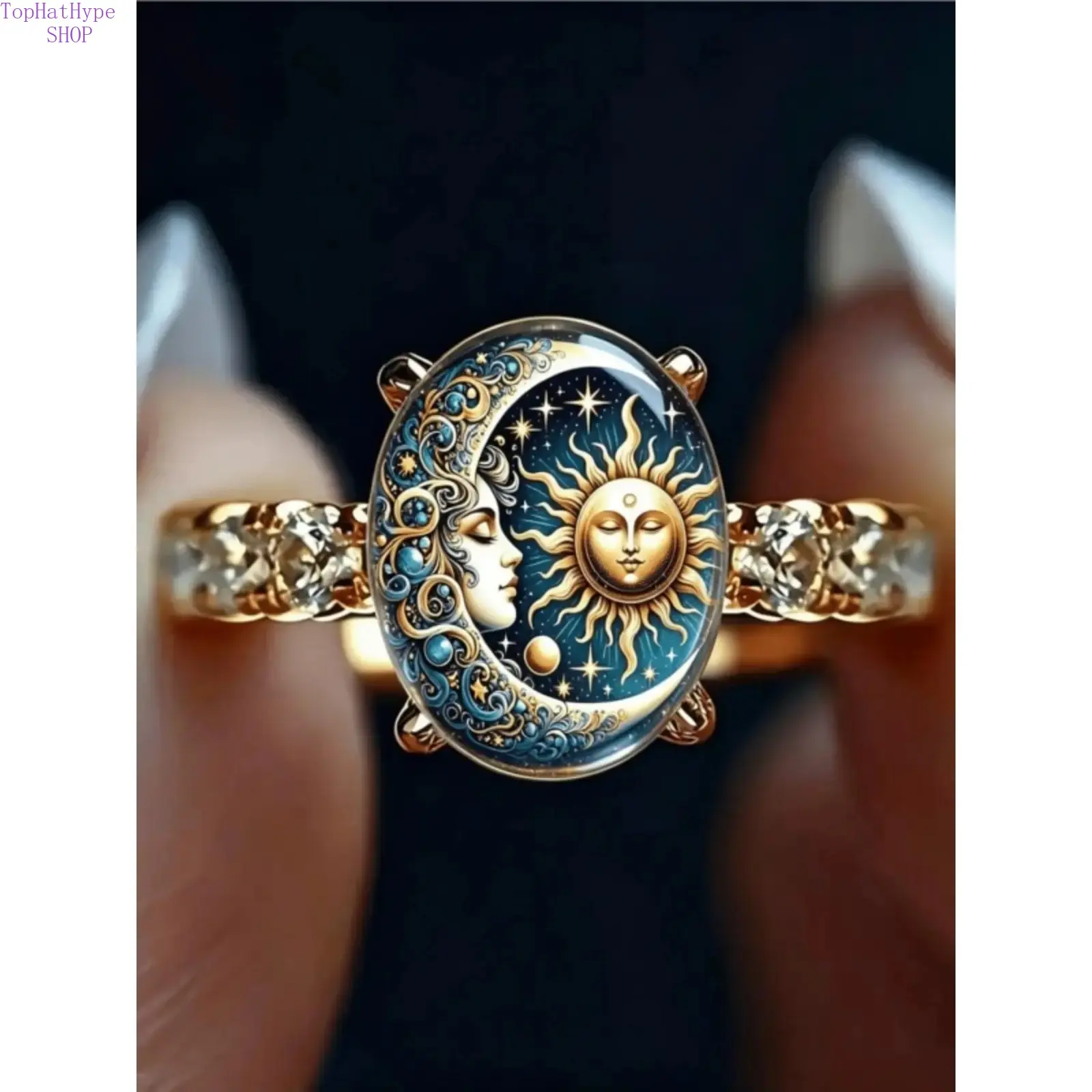 Women's Light Luxury Gold-Plated Diamond-Encrusted Sun-Moon-Stars & Human Face Art Print Ring - Mysterious Retro Astrology Style, Elegant Small Exquisite Costume Jewelry, Ideal for Gifting & Commuting, Rings For Women