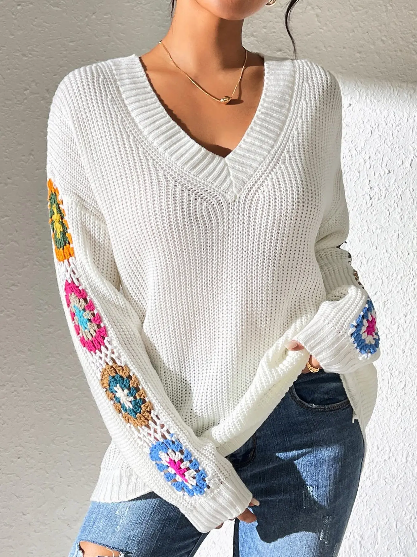 Boho Knit Sweater Women, Vintage Granny Square V-Neck Casual Cozy Pullover, Loose Soft Cozy Knitted Top, Crochet Floral Sleeve, Fall Winter Essential
