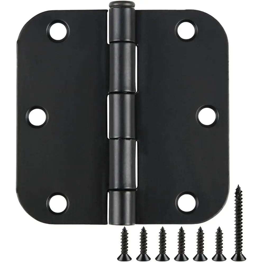 Matte Black Metal Rounded Corner Flat Type Door Hinge Set Pieces - 3.5in/5/8in Radius Sizes, for 3.5in Interior Doors, Residential Standard Home Decoration Hardware Accessory (in Included)