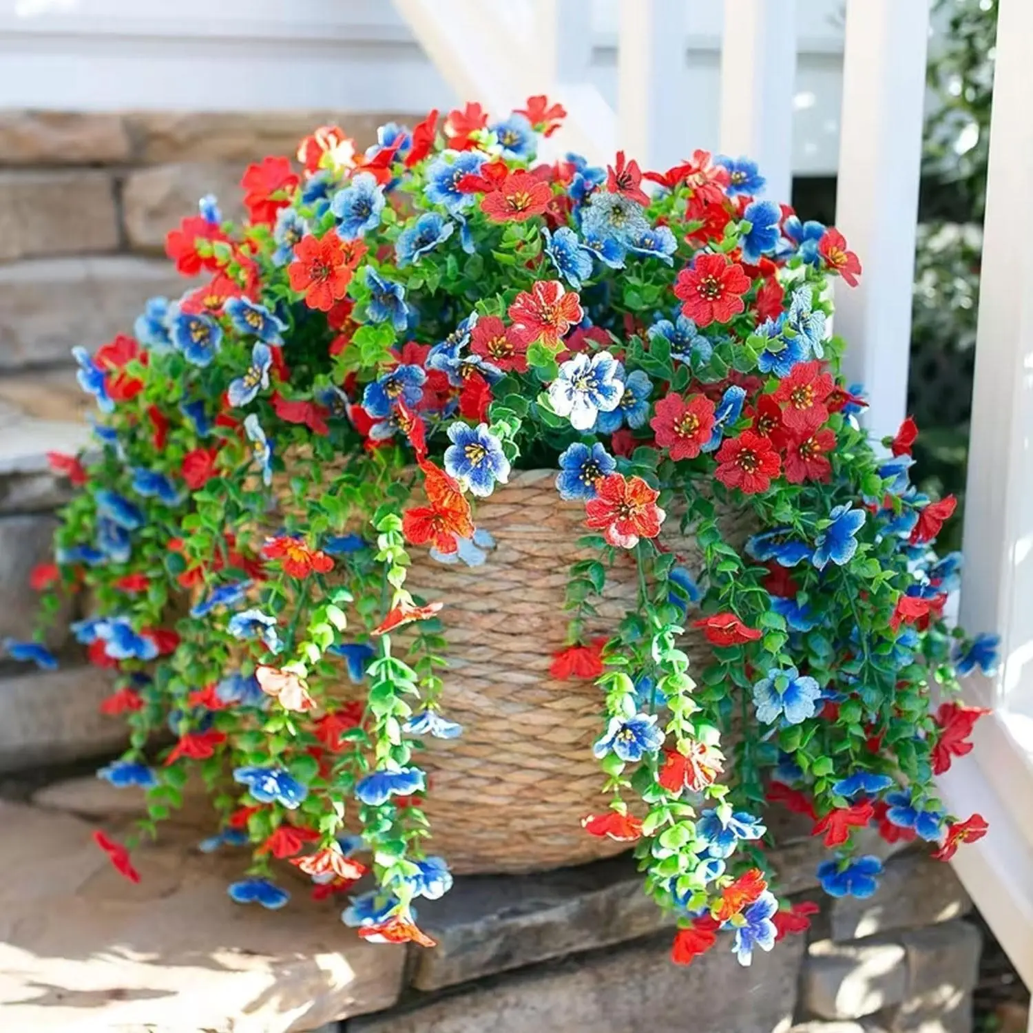 Suspension Artificial Flower Set, Eucalyptus Wreath, Daisy & Violet Vines, Blue, Low Maintenance, Garden Decor