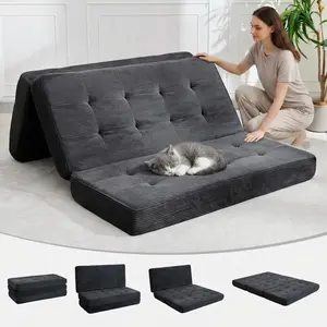 Garvee 6 Inch Tri-Foldable Folding Mattress Sofa Bed, 75"x54.3" Portable Foam Bed with Tufted Corduroy Cover, Supportive and Comfortable for Camping, Living Room, or Bedroom Use, Black