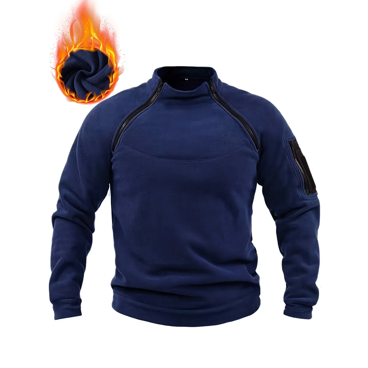 Men's plush lined stand up collar sweatshirt, tactical polar fleece pullover with zippered shoulder and sleeve pockets, warm thick long sleeved jumpers, soft insulation fabric, perfect for cold autumn and winter, hiking, hunting, camping, tactical trainin