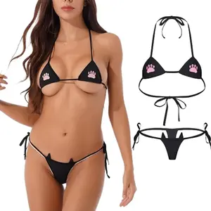 Girl's wardrobe Women Micro Bikini Lingerie Set Mini Halter Bra and Panties G String Cute Cat Printed Underwear Sexy Strappy Swimsuit