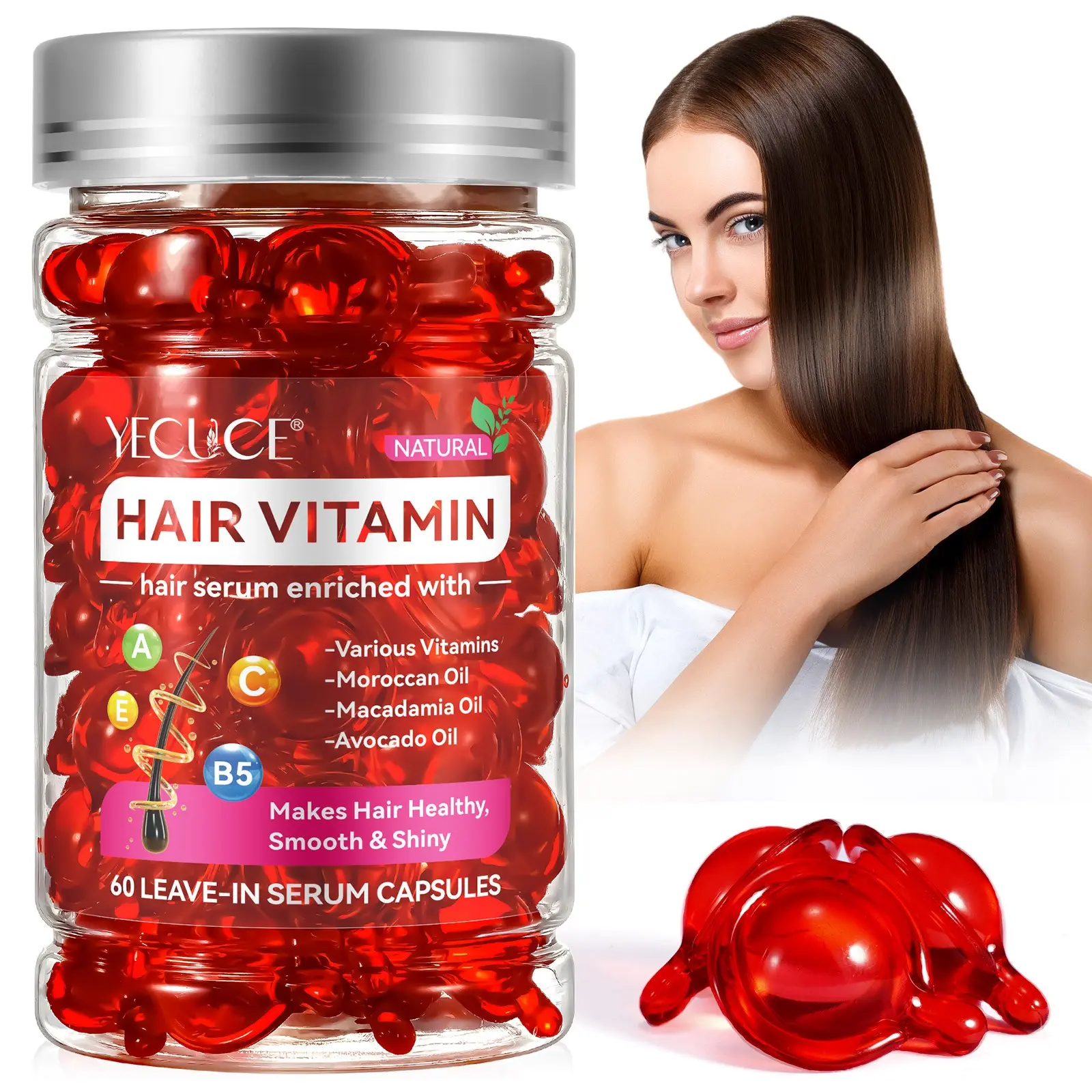 60 Vitamin Hair Oil Capsules, Moroccan Oil, Vitamin Essence, Nourishing, Smooth, Adds Shine, Suitable for All Hair Types
