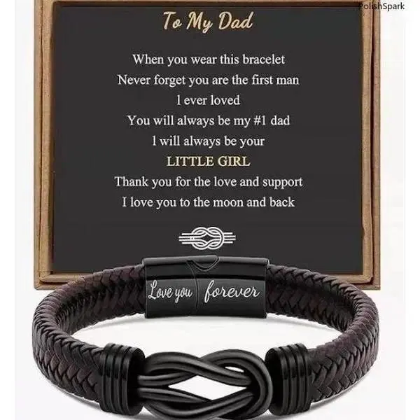 Braided Leather Bracelet with Stainless Steel Knot, Adjustable Unisex Father's Day Gift with 'Love You Forever' Engraved Text and Card