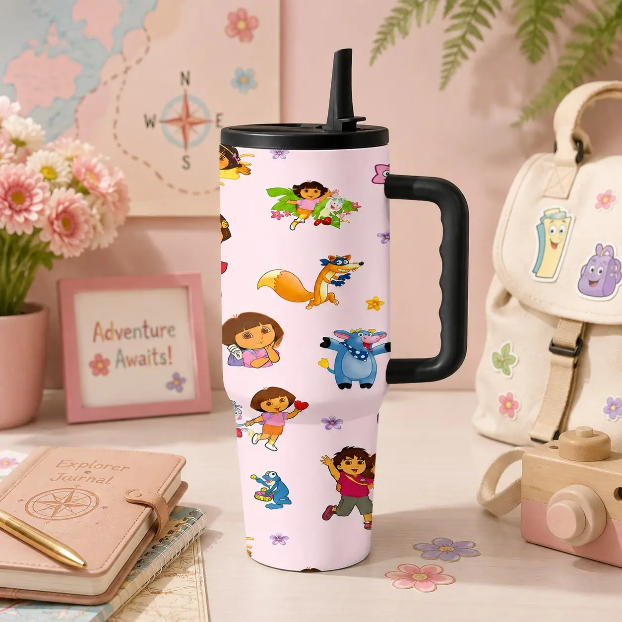 Dora the Explorer 40oz Tumbler, Cartoon Adventure Cup with Handle Lid Straw, Cute Travel Mug Gift, Drinkware, Insulated Stainless Steel