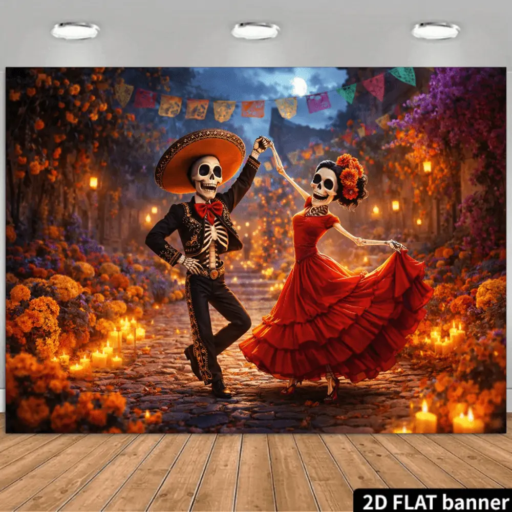 Day of the Dead 2D Flat Banner Skeleton Dance Polyester Photography Backdrop, HD Print Soft Lightweight Foldable Cloth, for Festival Events, Party Decoration