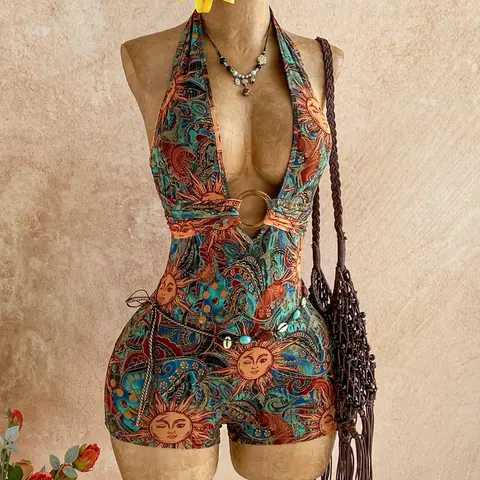 Women's Boho Sun Print Halter Neck Deep V Knitted Romper, Sexy Romper with Metal Ring Design for Vacation, Beachwear, Parties and Everyday Wear