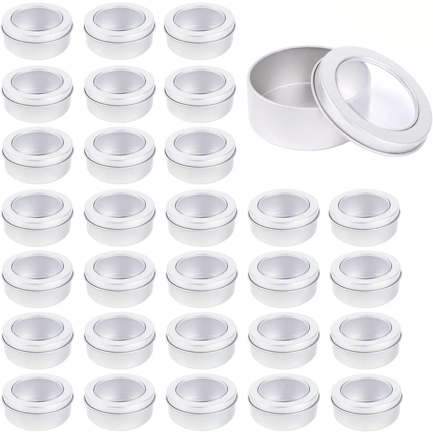 30-Pack Round Metal Tin Cans, Clear Top Containers | 2 ounce capacity, empty, ideal for , crafts,  storage, and party favors