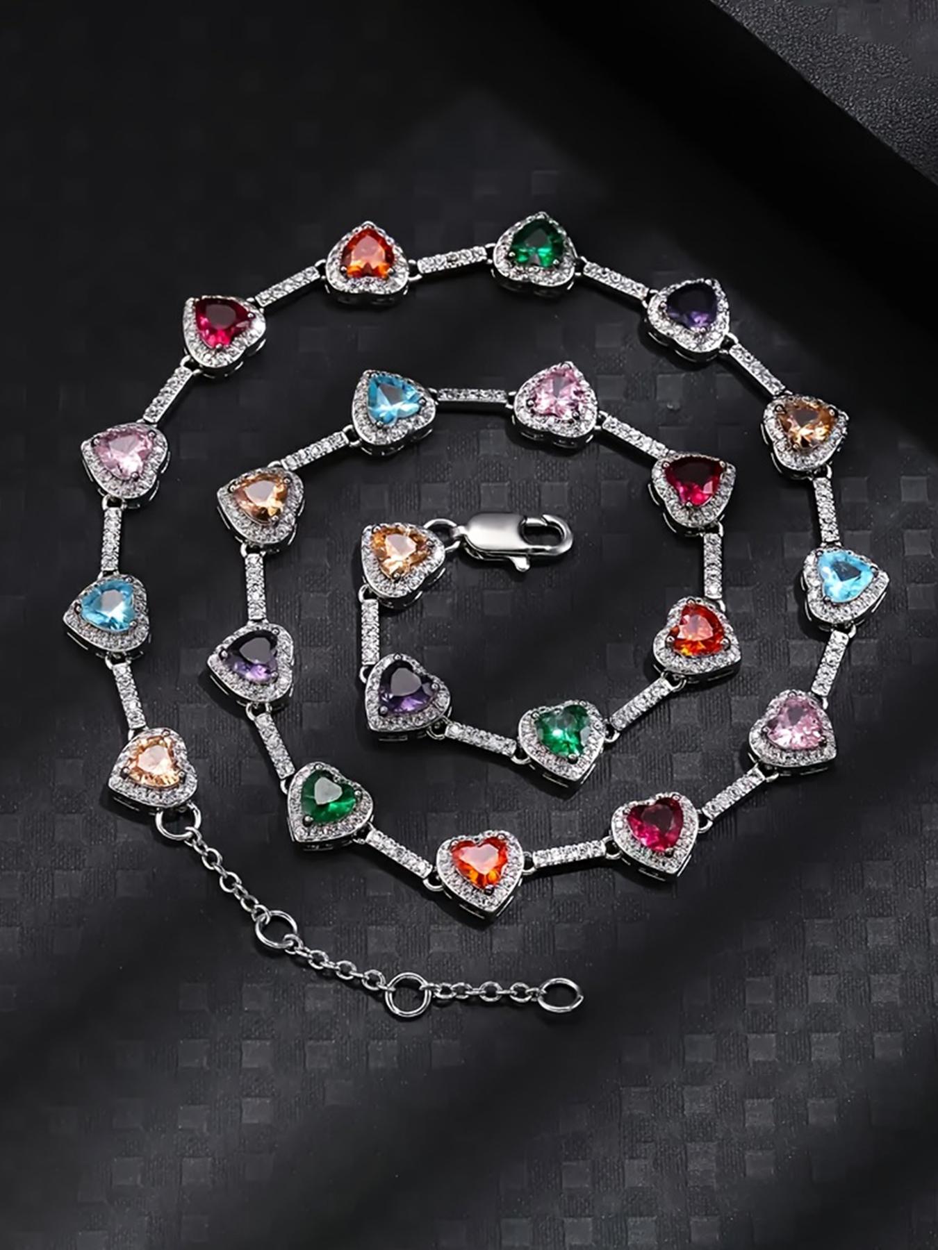 2PCS ICED CHICS Colorful Heart Necklace + Square necklace set, Iced Out Jewelry, hip-hop style, fashionable and avant-garde, set outfit, versatile style, shining multicolor synthetic zircon, the best choice as a gift