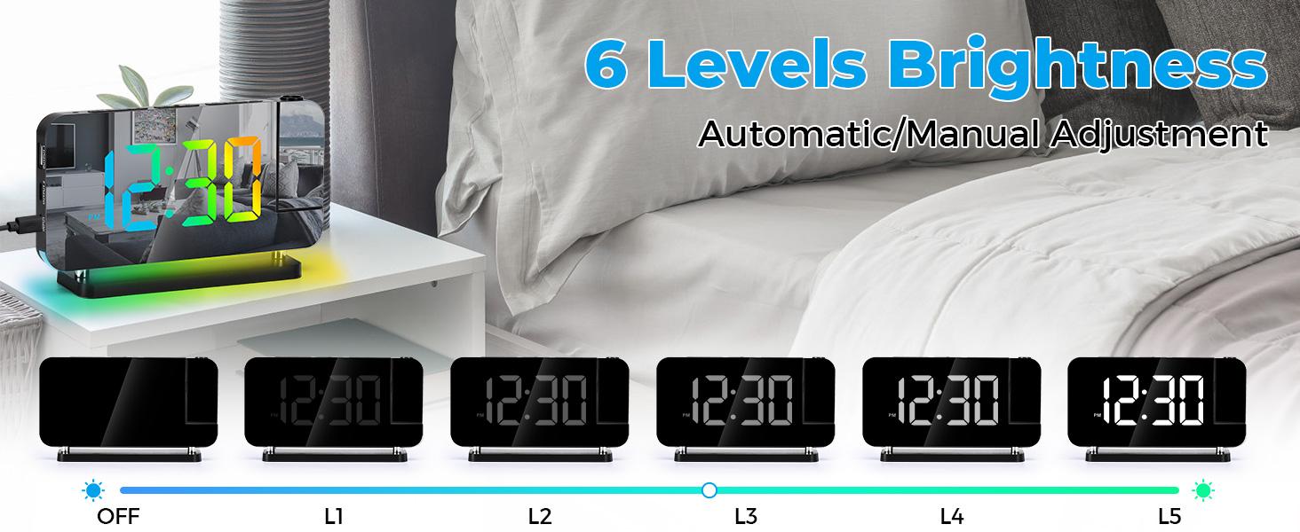 STANDARD GOODS 3C9--MPP024   Projection Alarm Clock, 7.4 in Digital Mirror Clocks,with 180° Rotatable Projector, RGB Night Light,USB C Charger Port, Auto Dimmer, LED Desk Clock for Bedroom - Black
