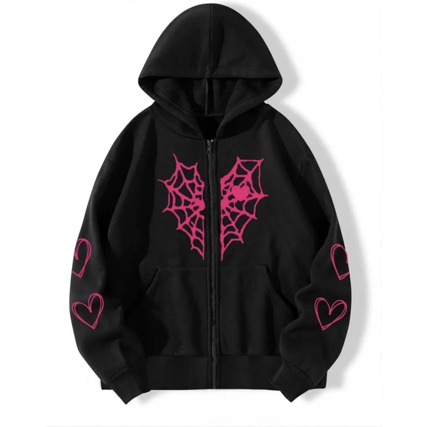 Oversized Y2K Zip Up Hoodie for Women Men Gothic Spider Web Heart Graphic Sweatshirt Punk Harajuku Alt Emo Streetwear(Gift)