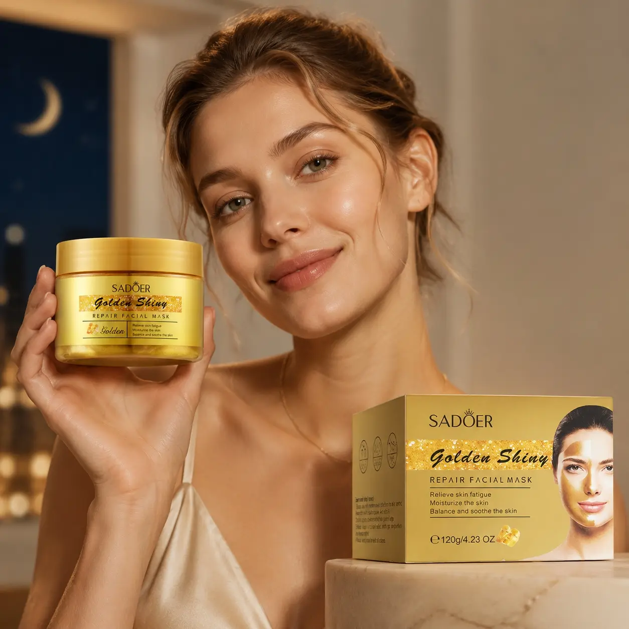 SADOER Golden Shiny Overnight Face Mask 120g / 4.23 oz, Hydrating Moisturizing Sleeping Mask with Glycerin, Hydrolyzed Collagen, Niacinamide and Sodium Hyaluronate, Lightweight Smooth Gel Texture for Nighttime Facial Care, 1 Jar with Retail Box