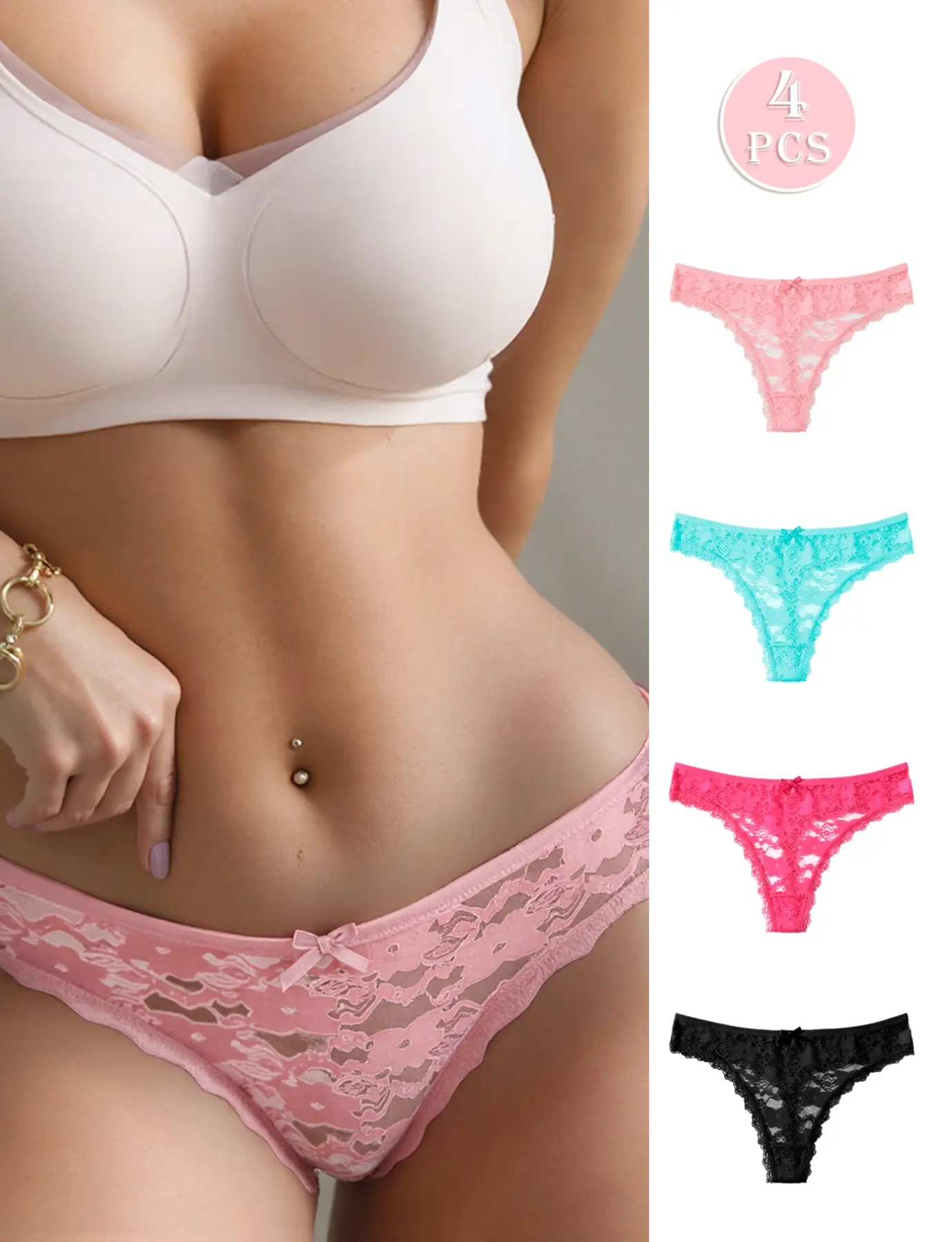 HOTCOM Elegant Lace Trim Panty Set, 4 Pack, Floral Pattern, Bow Design, Romantic Night, Sexy and Alluring, Multi-Color, Sizes S-Xl