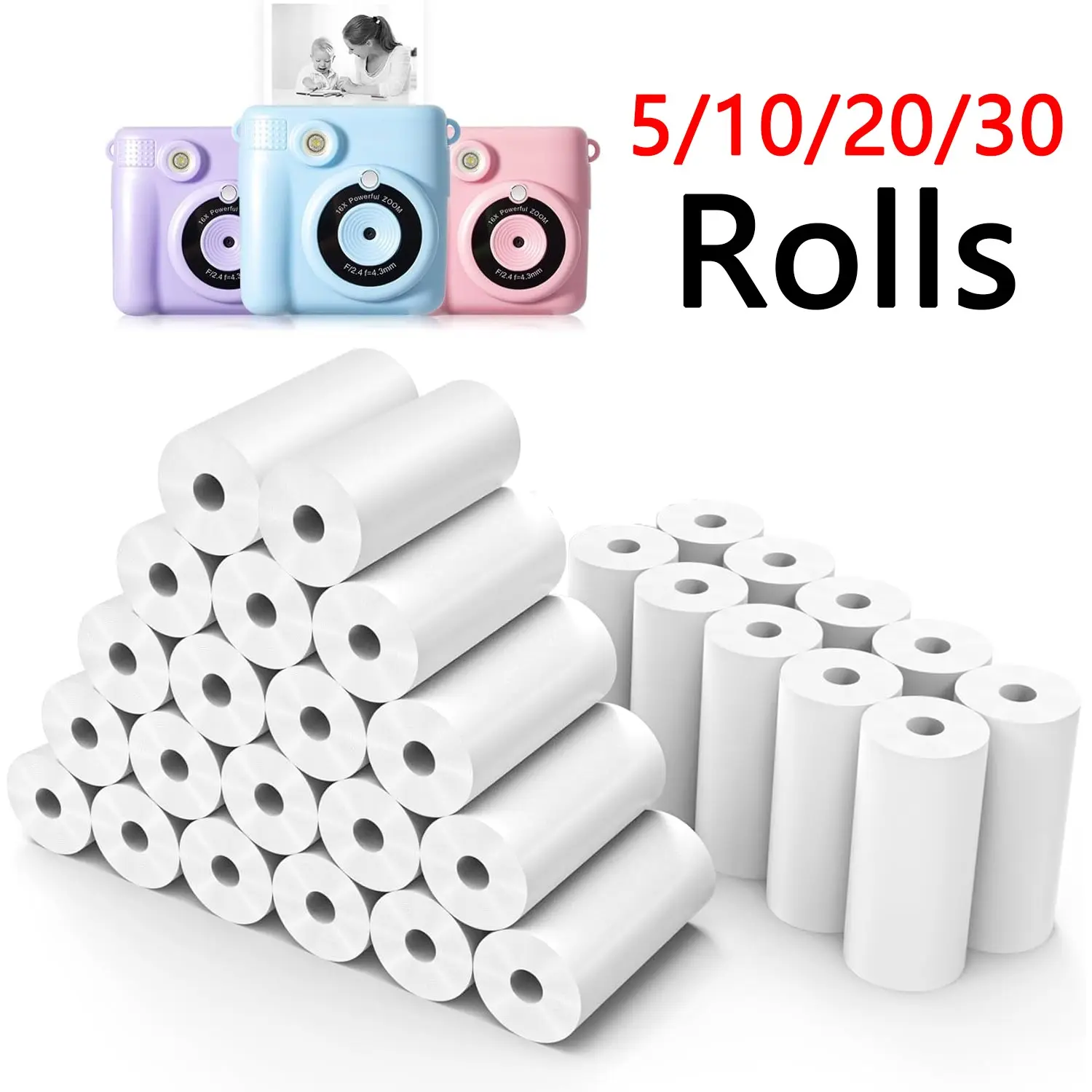 5/10/20 Rolls Kids Instant Camera Print Refill Paper, Thermal Paper Rolls for Photo Printer, Christmas Birthday Gifts for Kids