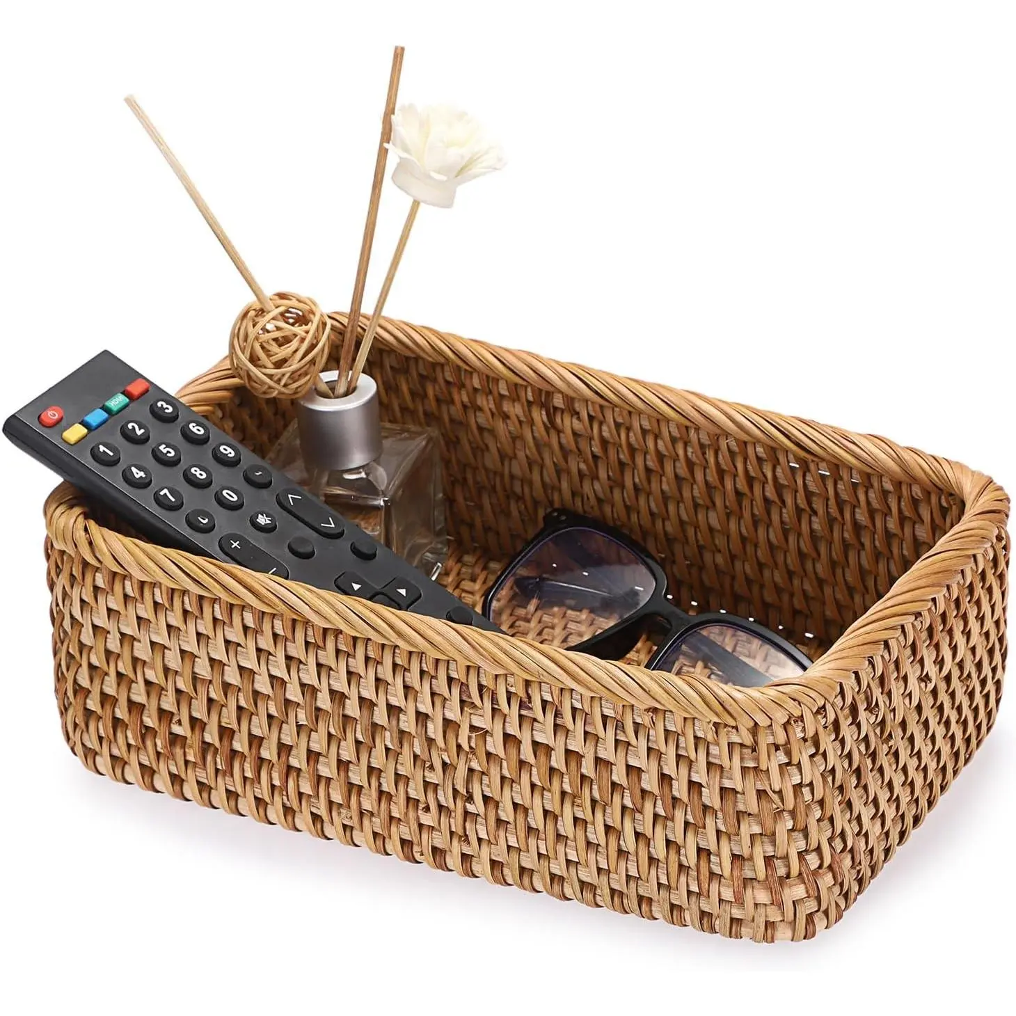Small Remote Basket for Coffee Table Entryway Living Room Rattan Serving Tray 9.6'' x 6.5'' Handwoven Wicker Baskets Decorative Tray for Wallet Remote Control Trinkets Rings Cosmetics Crackers