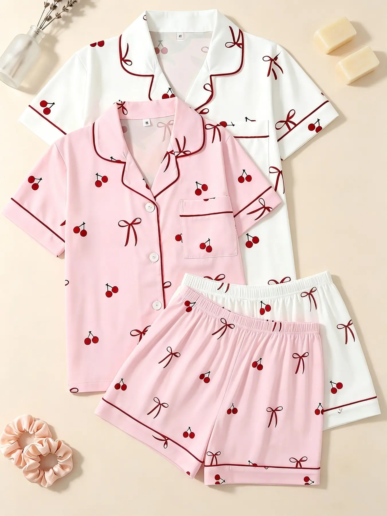 2 Pack Women's Pajamas & Loungewear Sets Cherry Bow Print Pink White Summer Short Sleeve Button Down Notch Collar Top Elastic Waist Shorts Contrast Trim Soft Breathable Casual Sleepwear Nightwear Comfortable Relaxed Fit for Home Daily Leisure Wear