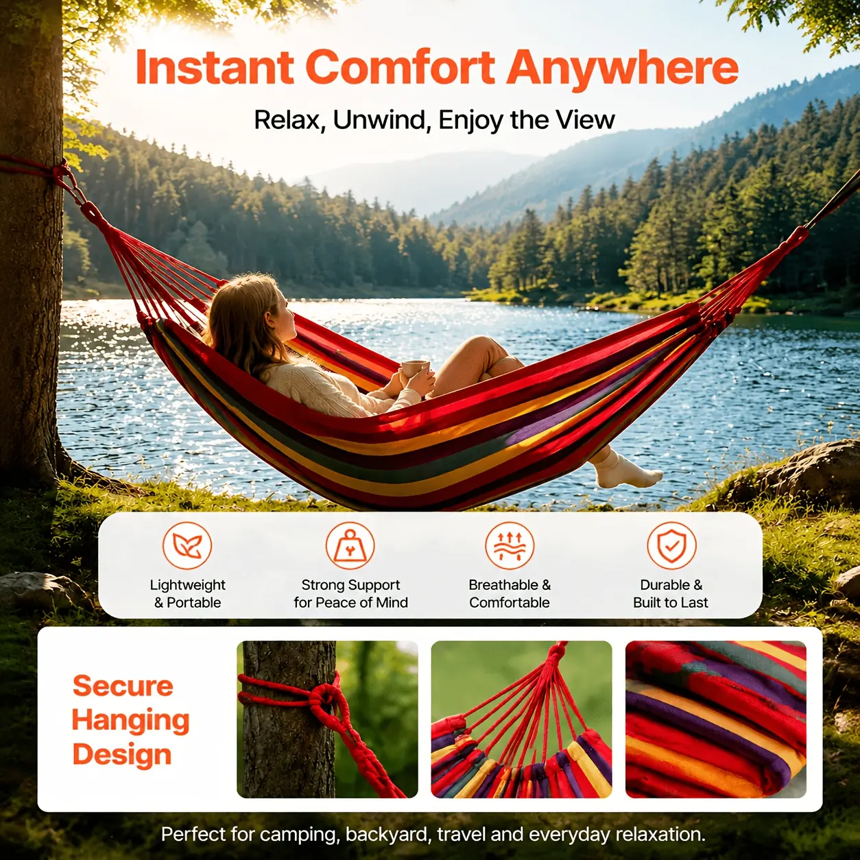 2-Person Outdoor Portable Hammock for Camping - Twin, Durable Design, Ergonomic Full-Body Breathable Support, Elastic Structure for Peaceful Sleep, High Load-Bearing, Easy Installation, Secure Hang, Hammocks for Outside, Strong Support for Peace of Mind,,