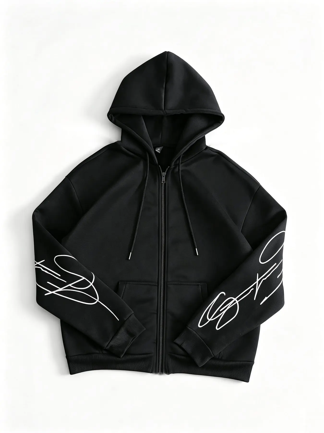 Men's Black Full Zip Up Hooded Jacket, Minimal White Cursive Signature Line Graphic Print on Both Sleeves Oversized Boxy Loose Casual Y2K Streetwear Fleece Zip Hoodie with Kangaroo Pocket for Men