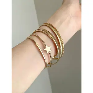 Non Tarnish Boho Gold Star Bracelet Set 6 Pcs Layered Open Cuff Bangles Fashion Jewelry