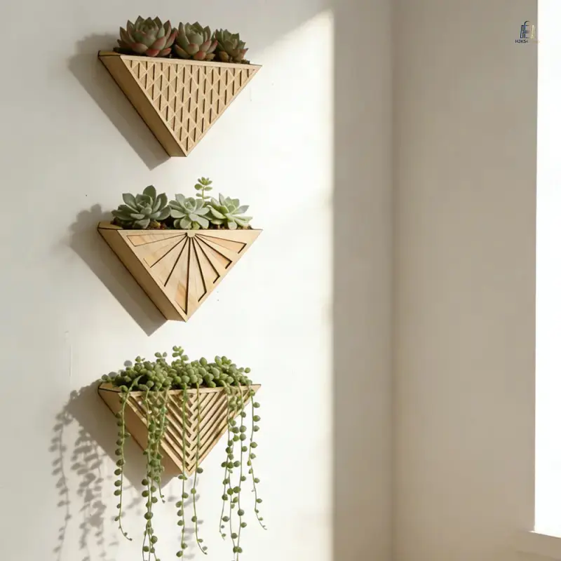 Wood Wall Mount Planter Shelf, Trending Triangle Flower Vase Holder, Geometric Triangular Wooden Wall Decor, DIY Floral Arrangement Display Rack, Handmade Lightweight Craft Ornament for Indoor Home Wall Art Decor Gift