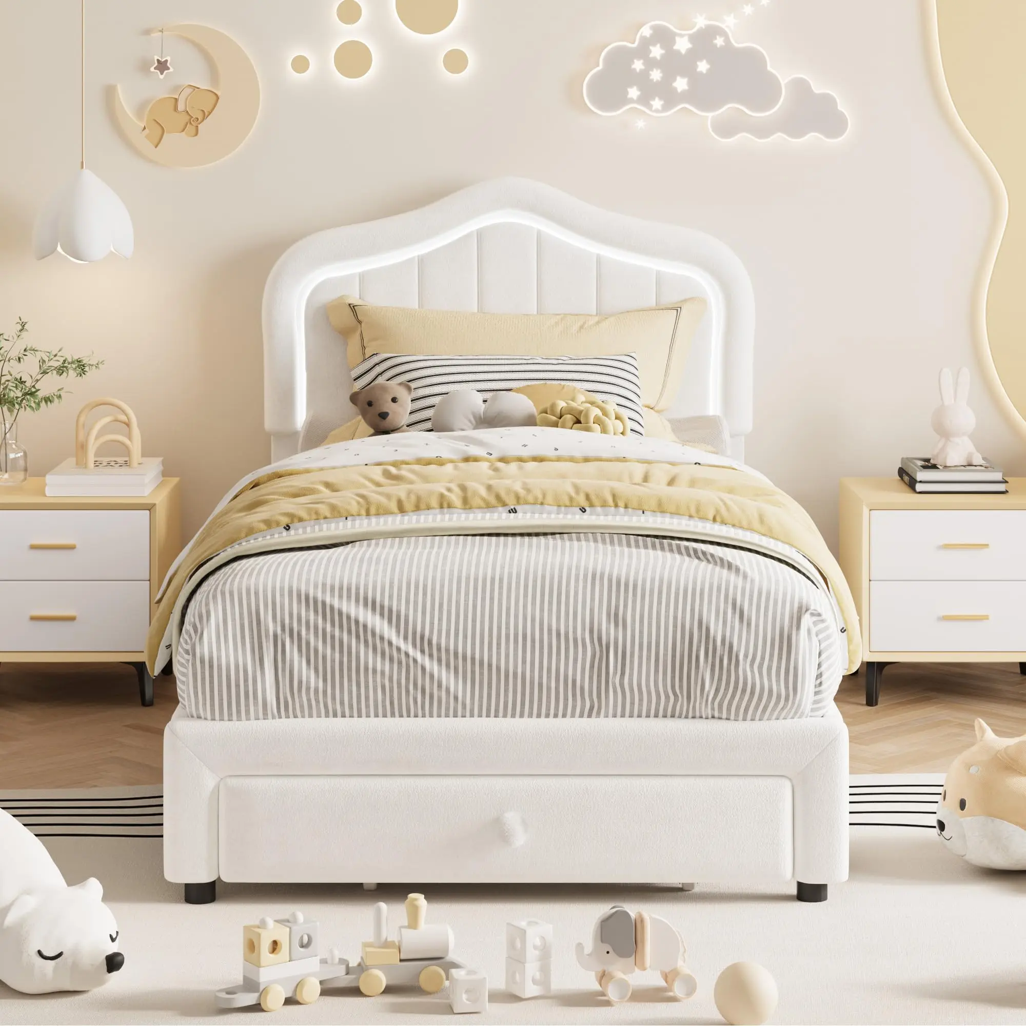 Garvee Upholstered LED Bed Frames with Storage Drawer, Available in Twin, Twin-XL, and Full Sizes, Featuring Velvet Fabric, Wooden Slats Support, No Box Spring Needed, Easy Assembly, and Multiple Color Options