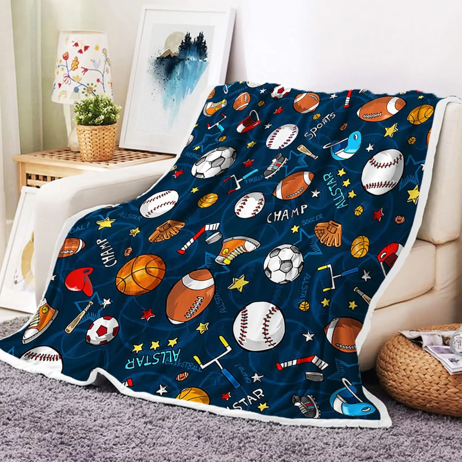 Reversible Soft Sports Fan Fleece Throw Blanket with Sport Icons - Basketball, Baseball, Football, Soccer - Cool for Boys - Blue Home Decor Tapestry