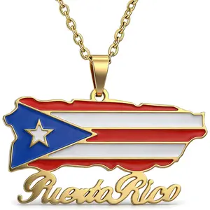 Fashion Stainless Steel Puerto Rico Map Pendant Country Flag Pattern Necklace.