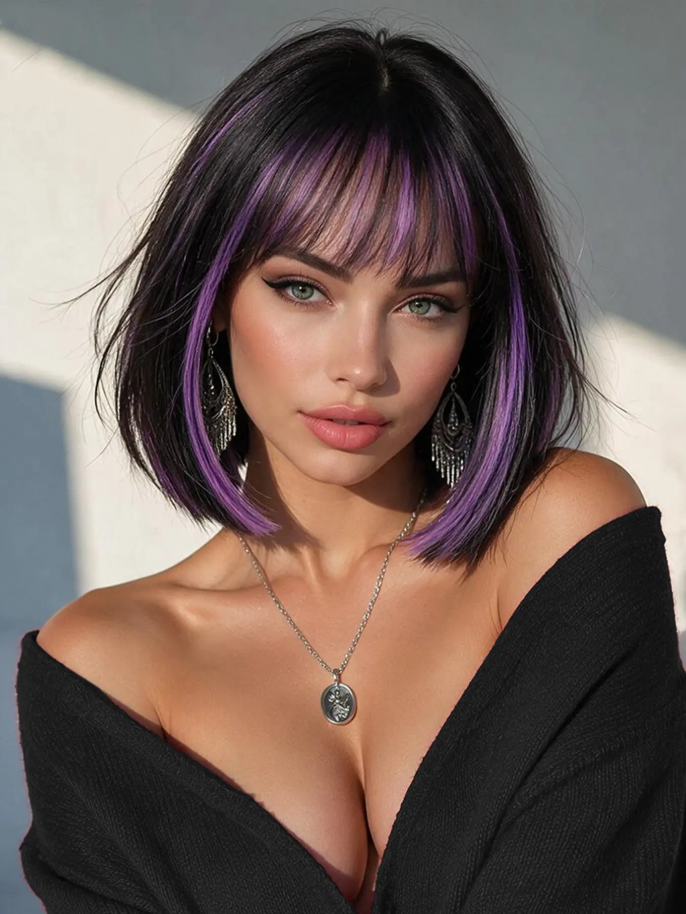 10 Inch Base Highlights Bob Wig, Straight Synthetic Hair with Bangs, Adjustable Mesh, Women's Daily and Halloween Party Wig