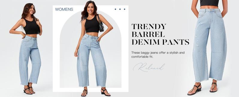 Imily Bela Women's Baggy Wide Leg Jeans Barrel Horseshoe Boyfriend Cropped Raw Hem Denim Pants