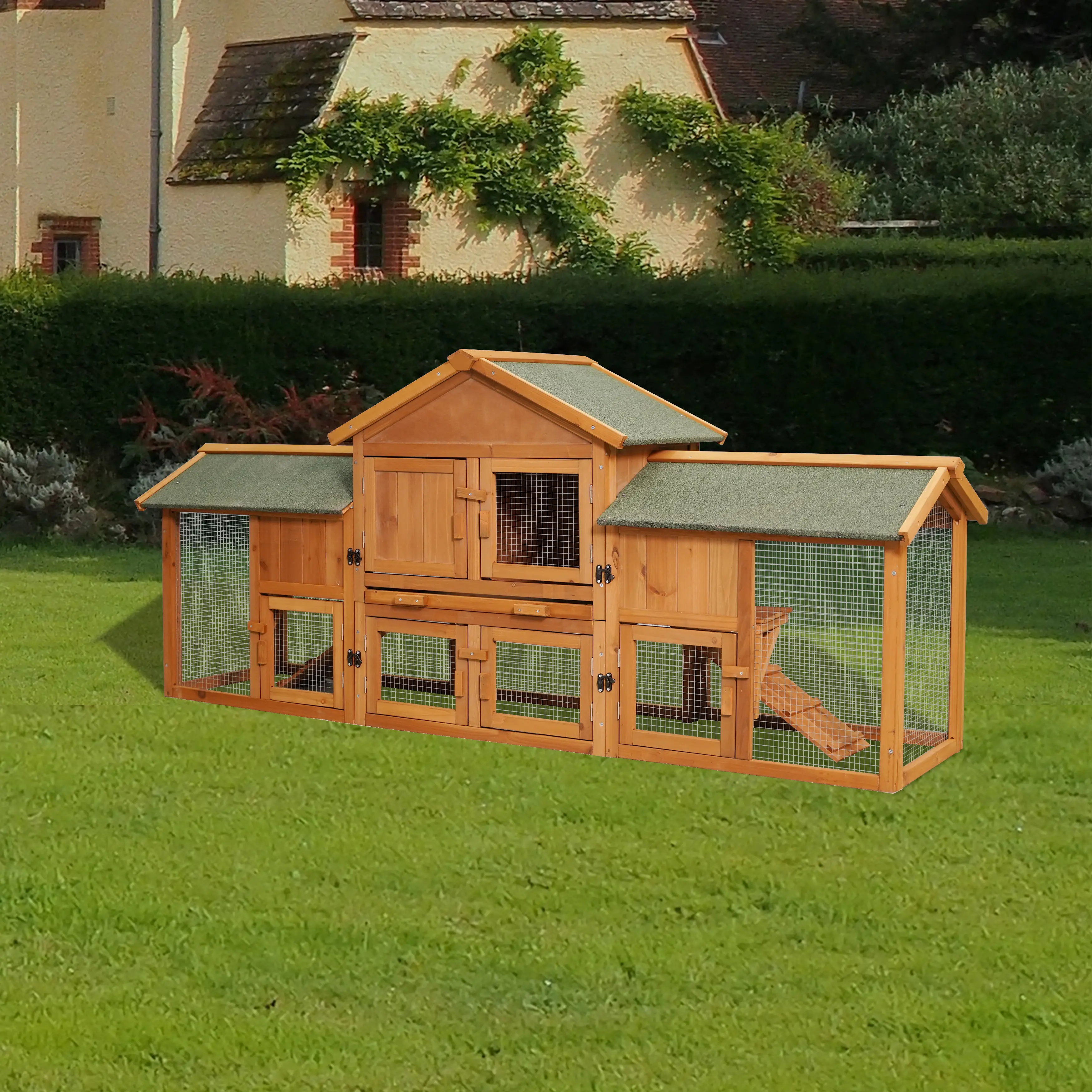 ARCH Extra Large 79.5" Bunny Cage with 2 Runs for Guinea Pigs Hamster Small Animal Habitat Metal & Wood Construction Removable Tray Waterproof Roof Two Tier Cottage Poultry Pen Enclosure Bean-red Teddy, Bean-red Teddy Color Options