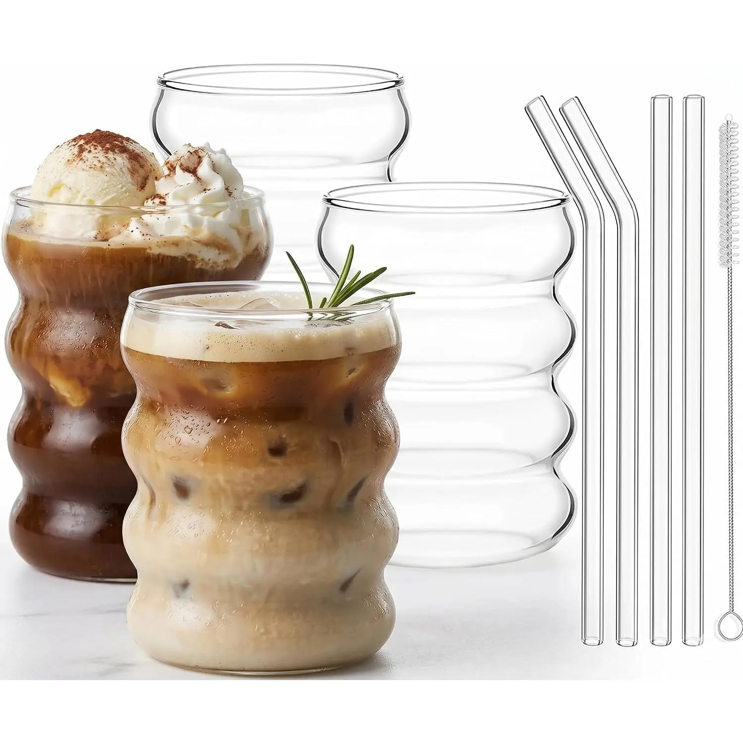 Ribbed Drinking Glass Cups with Straws Set of 4, 12 oz Aesthetic Iced Coffee Glasses, Wave Bubble Tumbler,  Glassware,  Glasses for Coctail, Soda,  with Brush