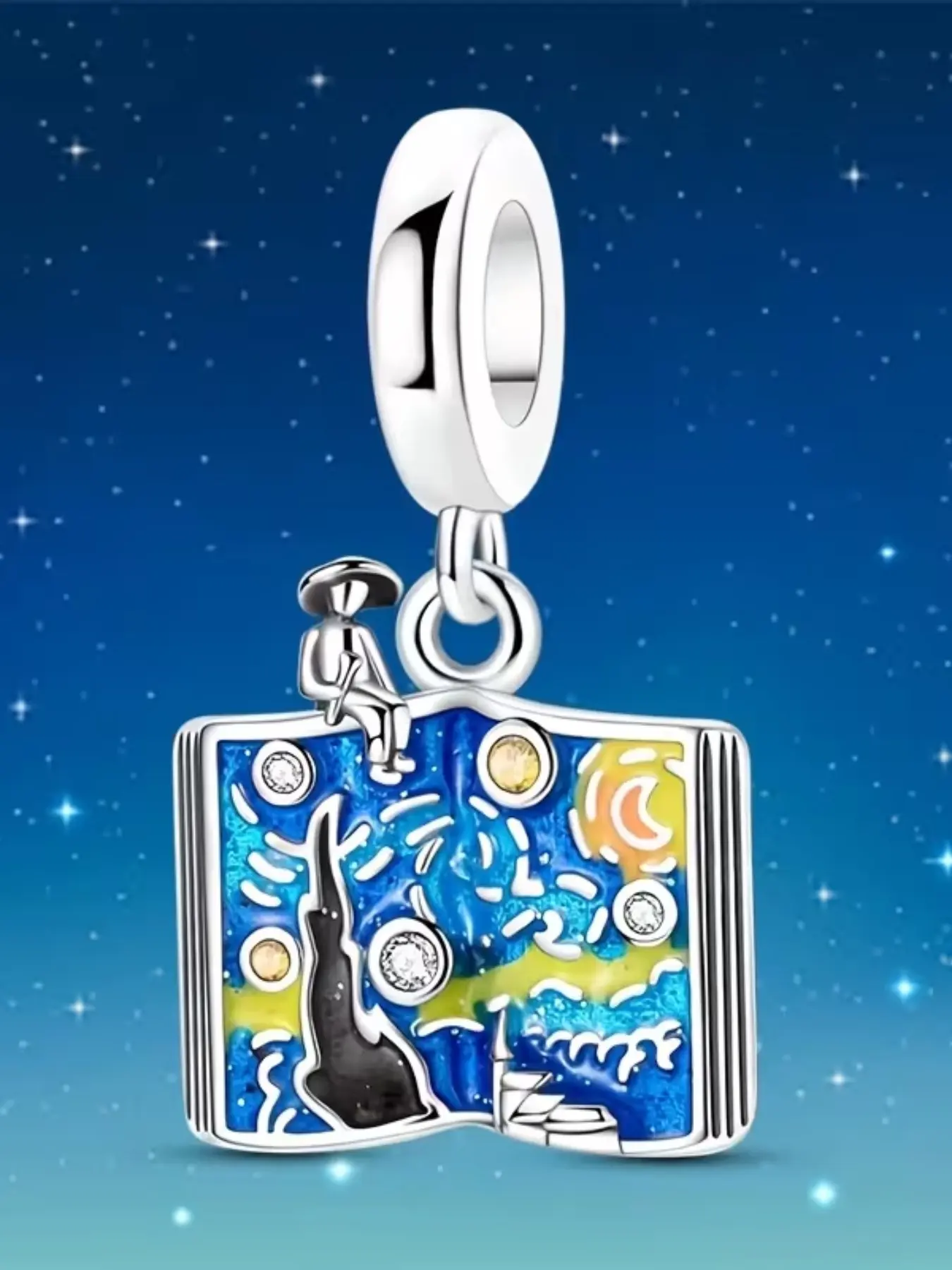 Vintage Starry Night Book Pendant, Enamel Rhinestone Beaded Charm, Elegant Jewelry Gift for Art Lovers and DIY Snake Chain Fans
