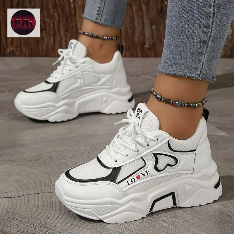 YYW1 Women's Fashion Chunky Platform Sneakers Casual Lace-up Low Top Sneakers with Breathable Mesh and Rubber Sole - All-Season Comfort Shoes with Simple Design