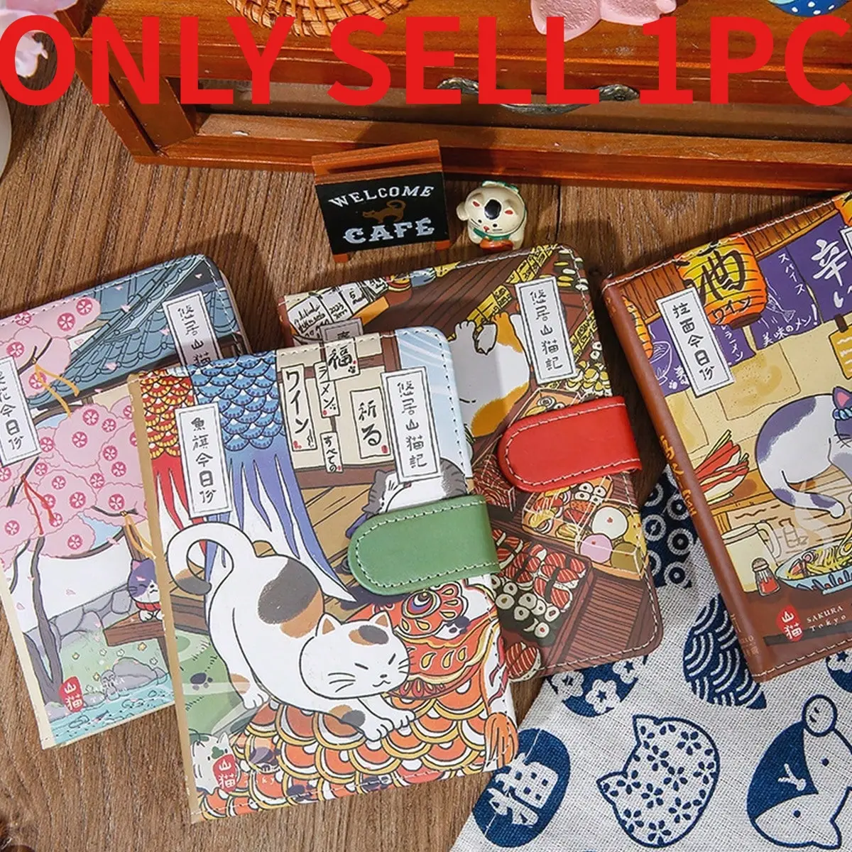 224 Pages PU Leather Magnetic Closure Notebook, Japanese Style Mountain Cat Pattern Color Inner Page Journal, Cute Cat Hand Account Diary Planner