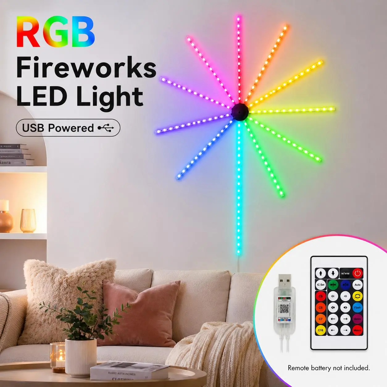 RGB Firework LED Strip Lights, USB-Powered Color-Changing Lights with Remote, Music Sync & Multiple Modes for Camping, Bedroom, Party Decorations, Birthday Party Decor