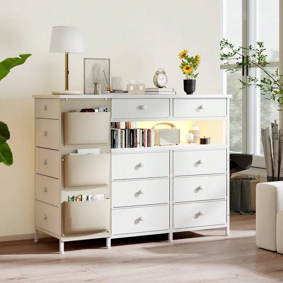 Sturdy Dresser With Island Counter, TV Stand With 13 Drawers, Wood Top, LED Lights & Side Pocket, Suitable Bedrooms, Living Rooms, Or Hallways, Pearl White