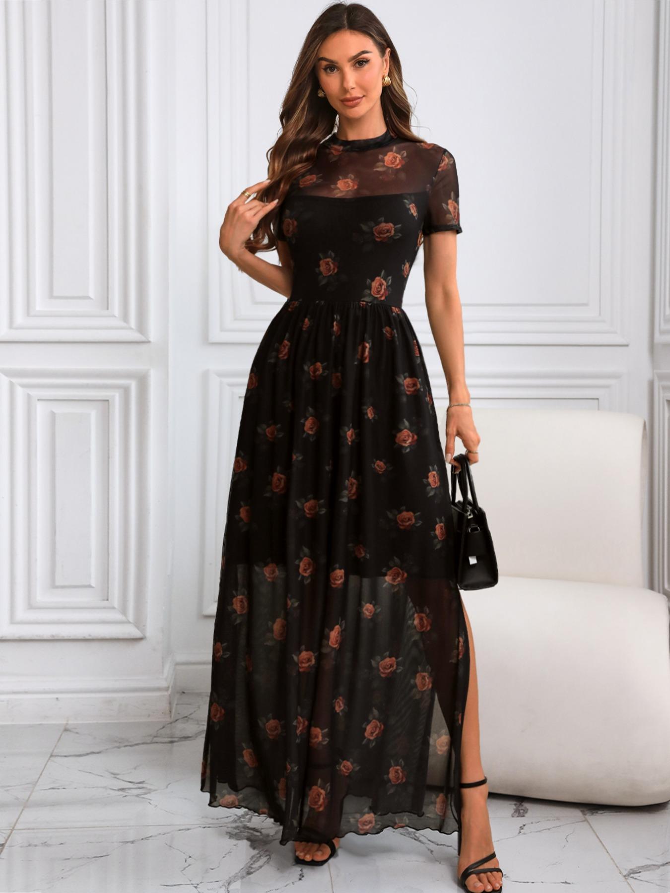 Women's Floral Print Sheer Split Thigh Maxi Dress, Gothic Vintage Short Sleeve Round Neck A Line Dress for Party Holiday Wedding Guest, Ladies Clothes for All Seasons