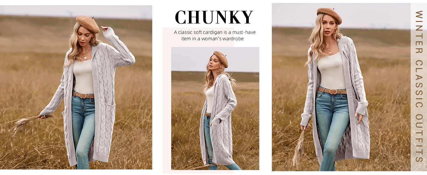 Saodimallsu Women Hooded Open Front Cardigan Cable Knit Sweaters Solid Color Chunky Long Sweater Coats