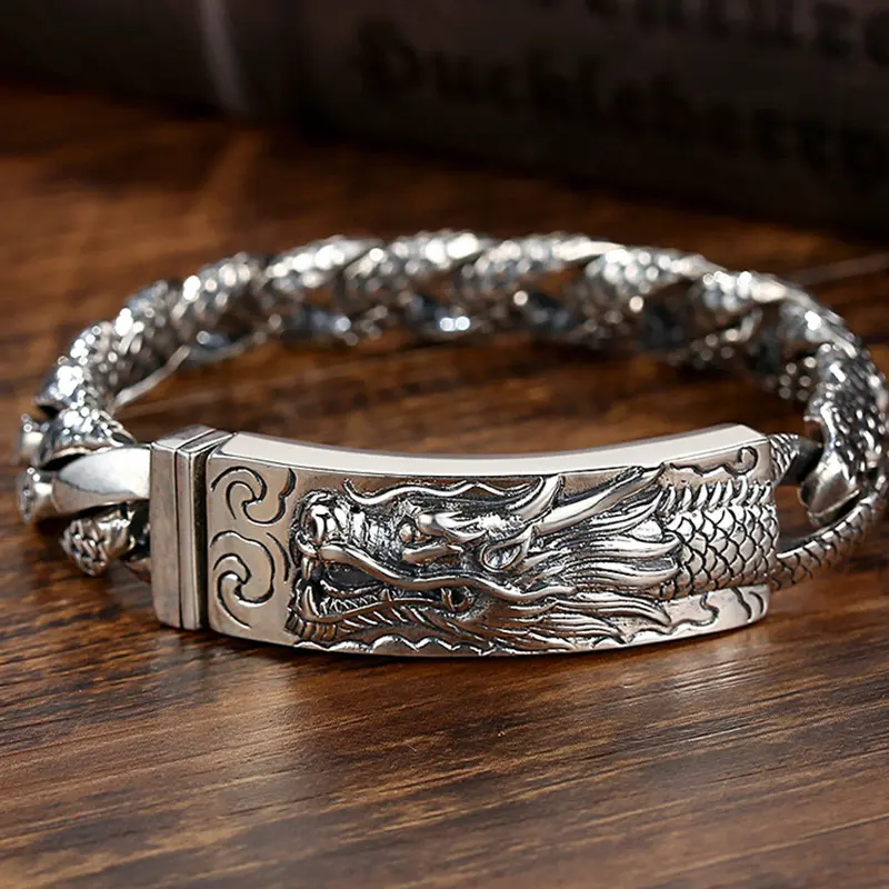 925 Sterling Silver Men's Vintage Dragon Bracelet - Chunky Cuban Chain with Carved Scale Links, Biker Gothic Hip Hop Streetwear Costume Jewelry Gift