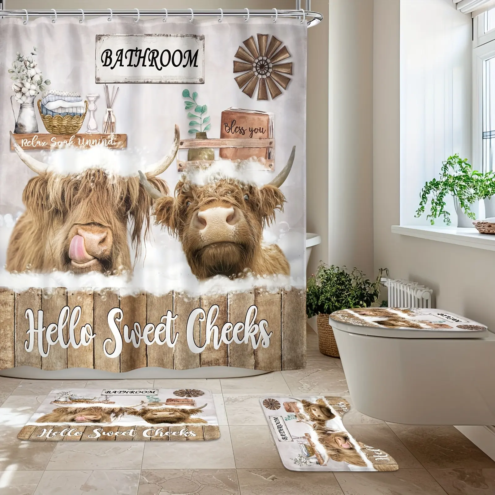4-Piece Rural Farmhouse Highland Cow Shower Curtain Set, High Quality Bathroom Partition Curtains, Non-Slip Bathroom Floor Mats, U-Shaped Toilet Mats, Toilet Seat Mats, Bathroom Accessories, Home Decor