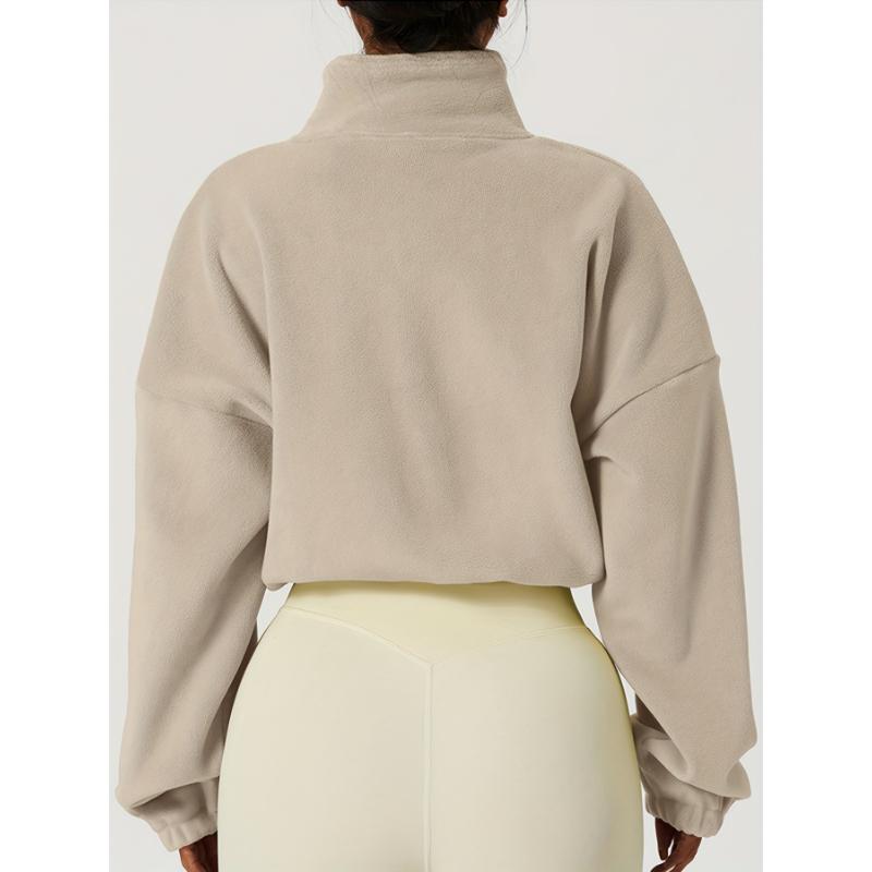 Women's Warm Fleece Crop Jacket With Zipper And Drawstring - Perfect For Casual Sports And Outdoor Activities