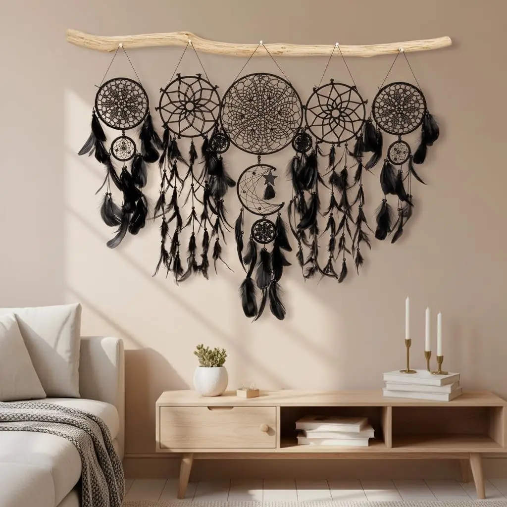 Women's Hangable 5-Pack Black Handmade Boho Dream Catchers, Large Moon Phase Macrame Wall Hanging Decor, Halloween Witchy Gifts for Bedroom Living Room Home
