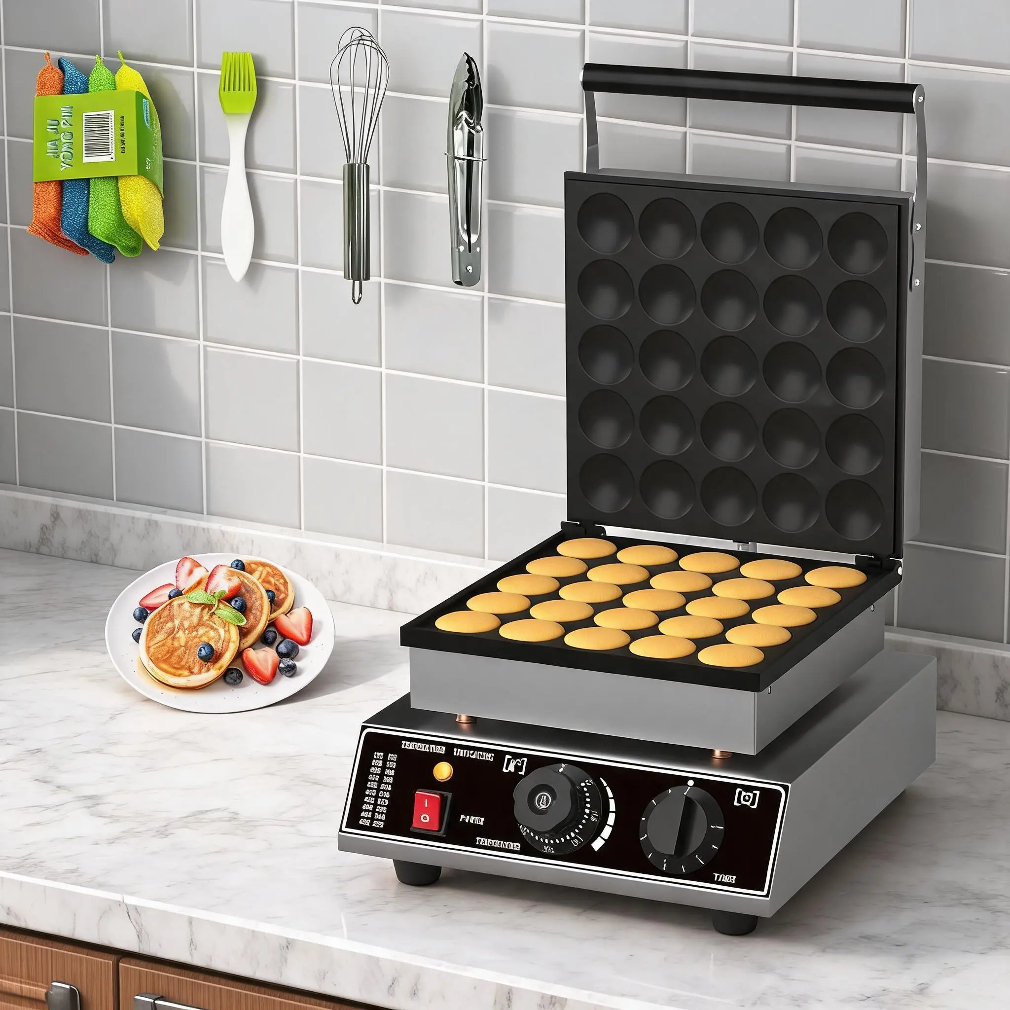 Commercial 25 PCS Mini Dutch Pancake Maker, 1750W Electric Mini Pancakes Maker Machine with Temp & Time Control, Non-Stick Surface, Stainless Steel, for Home Kitchen Bakery Snack Bar