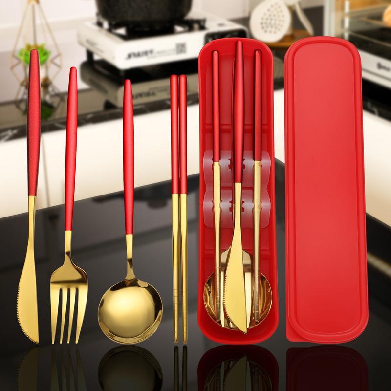 Elegant 4-Piece Gold Stainless Steel Cutlery Set with Storage Box | Reusable Portable Utensils for Travel Camping Office Home | Luxury Household Tableware Gift Set